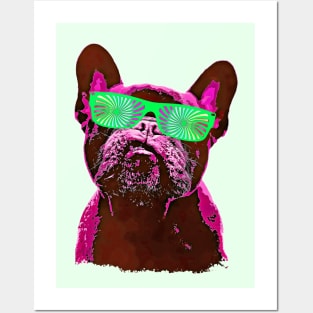 French bulldog 80s style neon with green psychelic glasses vivid purplish-red color Posters and Art